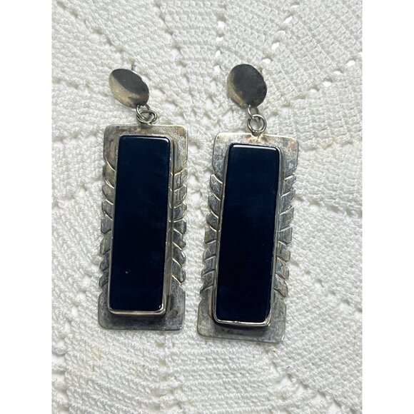 Vintage Mexican Sterling Silver & Black Onyx Dangle Earrings Rectangular Design - Picture 2 of 6